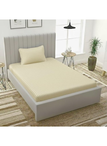 Single Bed Sheet Set with 1 Pillowcase 50&Atilde;&mdash;75cm 100% Microfiber Sateen 155&Atilde;&mdash;240cm Flat Sheet 1cm Stripe Soft Twin Bed Sheet Set for Hotels &amp; Home Cream