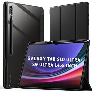 ZOOMEE Case for Samsung Galaxy Tab S10 Ultra/Tab S9 Ultra 14.6-Inch with S Pen Holder, Clear Transparent PC Back, Shockproof Tri-Fold Stand Tablet Cover, Auto Wake/Sleep