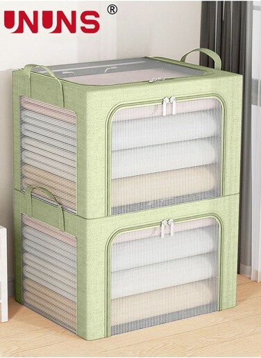 Foldable Clothes Storage Bins,2Pcs Openings Clothes Storage Bins With Metal Frame And Handle,Linen Storage Box With Clear Window And Zippers,Green