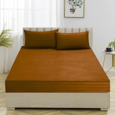 MUSA&Acirc;&reg; Striped Fitted Sheet - Soft, Breathable Cotton with Deep Pockets (Mocha, 160 x 200cm)