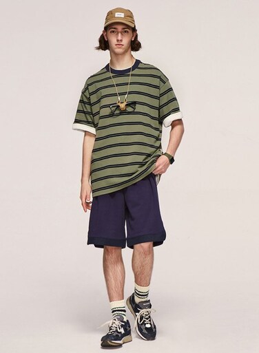 Mei Stylish Unisex Street Style Crew Neck Loose Fit Oversize T-shirt, XL Size, Green Stripe