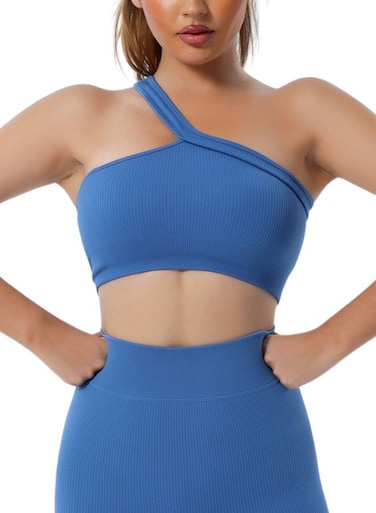 Mei Homecenter Women's Seamless One Shoulder Gym Fitness Sports Crop Bra Top, M Size, Blue