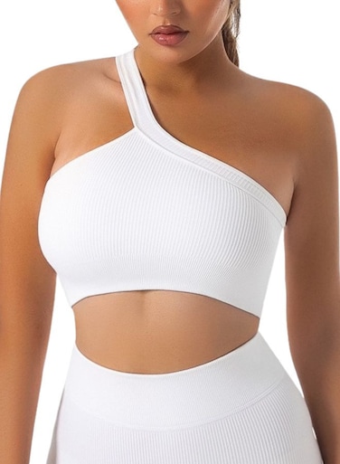 Mei Stylish Women's Seamless One Shoulder Gym Fitness Sports Crop Bra Top, S Size, White