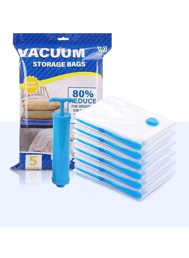 Vacuum Compression Storage Bags, 5 Pack Vacuum Bags (2L+2M+1J+1Pump) with free Hand Pump, Vacuum Seal Bag for Clothes, Bedding, Blankets, Pillows, Seasonal Storage for Home &amp; Travelling