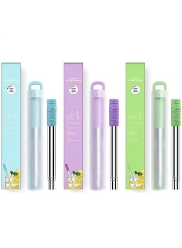 Metal Straws,3 Pack Reusable Collapsible Stainless Steel Straw,Portable Telescopic Straws Drinking Easy To Clean With Silicone Tips,Travel Case,Keychain,Cleaner Brush