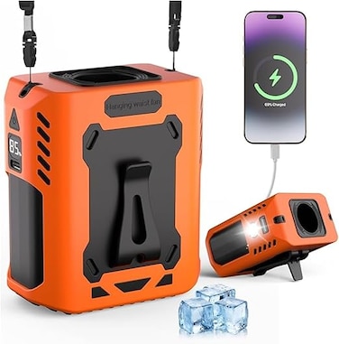 AUTO FAMILY Portable Hanging Waist Fan &ndash; Rechargeable Hands-Free Cooling Fan with Digital Display for Outdoor Work, Camping, Hiking &amp; Travel (AF-Orange)
