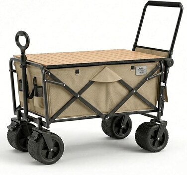 AUTO FAMILY Collapsible Folding Wagon with Table Beige, Portable Large Trolley cart, Bearing Heavy Capacity Beach Garden Shopping Carts &amp; Stroller Wagon (AF1-Green)