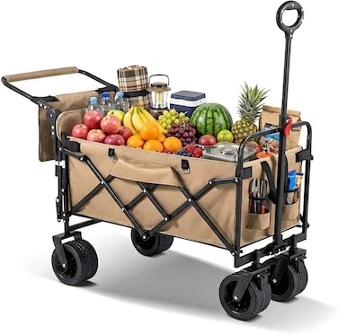 AUTO FAMILY Collapsible Folding Wagon Beige, Portable Large Trolley cart, Bearing Heavy Capacity Beach Garden Shopping Carts &amp; Stroller Wagon (AF1-Green)