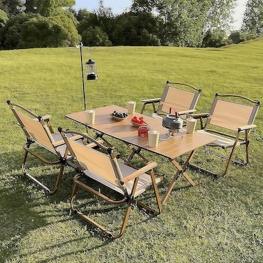 AUTO FAMILY Folding Aluminum 120CM Camping Table &amp; 4Pcs Chair Set &ndash; Roll-Up Table, Portable Lightweight Grill Table for Outdoor, Folding Table, Portable Outdoor Table, picnic table metal