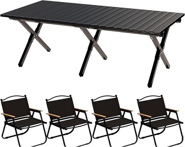 AUTO FAMILY Folding Aluminum 120CM Camping Table &amp; 4Pcs Chair Set&ndash; Roll-Up Table, Portable Lightweight Grill Table for Outdoor, Folding Table, Portable Outdoor Table, picnic table metal