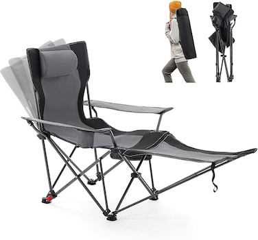 AUTO FAMILY Folding Reclining Camping Chair with Footrest Grey, outdoor foldable chairs, camping chair with footrest, foldable chair for camping