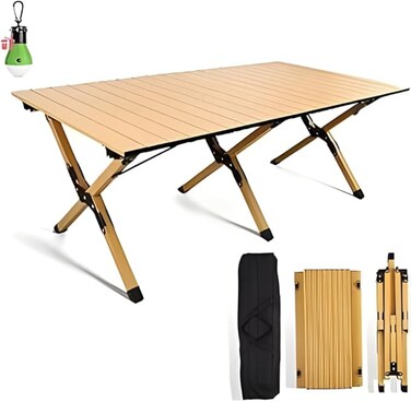 AUTO FAMILY 120CM Folding Aluminum Camping Table Beige &ndash; Roll-Up Table, Portable Lightweight Grill Table for Outdoor, Folding Table, Portable Outdoor Table, picnic table metal (Beige - 120CM)