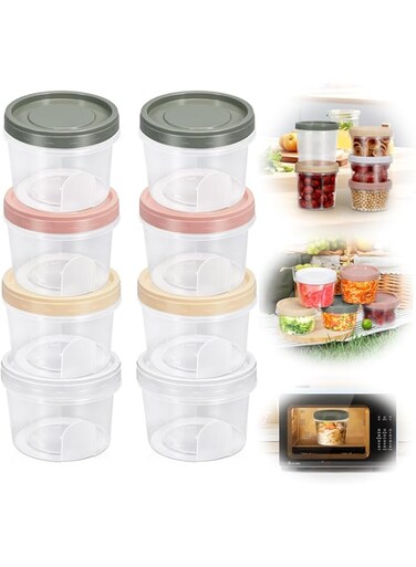 Azonee 8 Piece Set 16oz Plastic Storage Containers with Lids, Kitchen Leak Proof Food Grade Sealed Circular Fresh-keeping Box, Microwave Freezer Safe Bowls, Meal Preparation Containers (500ML)