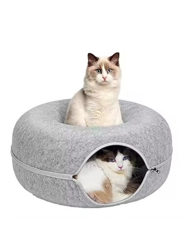 2-in-1 Cat Bed &amp; Cave House &acirc;&euro;&ldquo; Cozy Donut Cat Bed with Hidden Tunnel, Washable, Spacious Indoor Pet House for Cats &amp; Kittens, Soft Felt Material &acirc;&euro;&ldquo; Grey