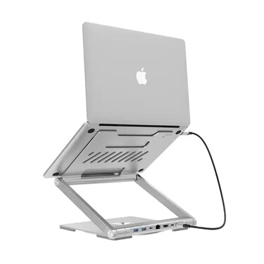 Levelo Laptop Stand with Built-in 7-in-1 Portable Hub, Ergonomic Adjustable Design, 4K HDMI, 100W PD Charging, USB 3.0, SD/TF Card Reader, Heat Dissipation, Anti-Slip Base - Silver
