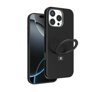 كفر ليفيلو إيريس برو سيليكون سائل لـ iPhone 16 Pro Max، متوافق مع MagSafe، مع مسند مدمج، حلقة معدنية للكاميرا، مادة هجينة، مقاوم للصدمات، حماية من السقوط (أسود)
