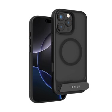 كفر Levelo Matteo مع قاعدة تثبيت سفلية لهاتف iPhone 16 Pro Max، متوافق مع ماجسيف، مسند مدمج، طلاء مقاوم للبصمات، مادة هجين، تركيب سهل (أسود)
