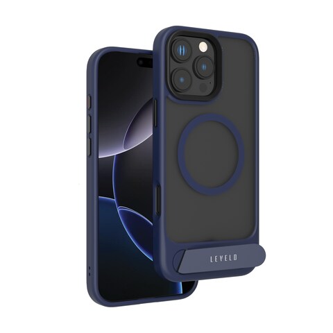 غطاء Levelo Matteo متوافق مع iPhone 16 Pro Max، قبضة قاعدة، متوافق مع MagSafe، حامل مدمج، طلاء مقاوم لبصمات الأصابع، مادة هجينة، تركيب سهل - أزرق

