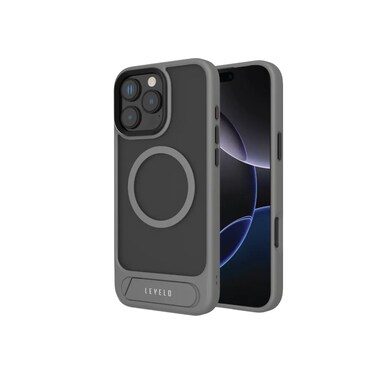 كفر Levelo Matteo لهاتف iPhone 16 Pro Max، قاعدة تثبيت سفلية، متوافق مع ماجسيف، مسند مدمج، طلاء مقاوم للبصمات، هيكل هجين، تركيب سهل (رمادي)
