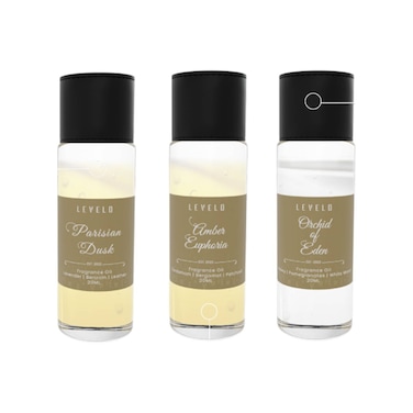 Levelo 3-in-1 20mL Fragrance Set, Parisian Dusk (Lavender, Benzoin, Leather), Amber Euphoria (Peony, Pomegranates, White Wood), Orchid of Eden (Cardamom, Bergamot, Patchouli), Elegant Scents
