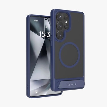 Levelo Matteo With Bottom Stand Grip Case, Compatible with Magsafe, Impact-Resistant Corners, Built-In Kickstand, Anti Fingerprint, TPU &amp; PC Material (Blue, S25 Ultra)
