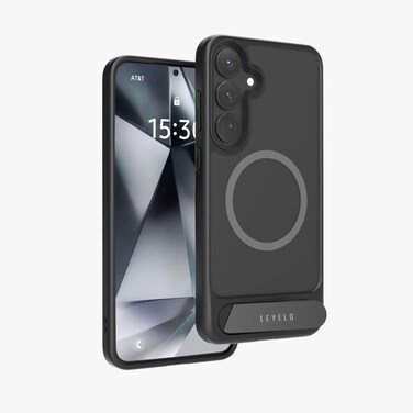 كفر Levelo Matteo مع مسند في الأسفل مع قبضة، متوافق مع MagSafe، زوايا مقاومة للصدمات، مسند مدمج، مقاوم للبصمات، مادة TPU وPC – أسود (لـ S25 Plus)
