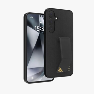 كفر LEVELO Morphix Leather، زوايا مقاومة للصدمات، مقاومة للخدوش 3H، تصميم هجين، مسند جلدي مدمج، إمساك جلدي مدمج، زوايا مقاومة للصدمات (أسود، S25 Plus)
