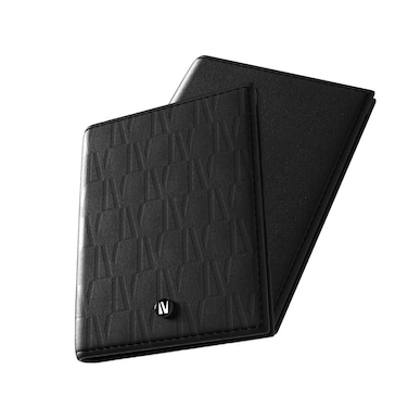 منظم جيب ليفيلو ثنائي الطي باللون الأسود، جلد طبيعي، 8 فتحات بطاقات، فتحة نقود، تصميم مدمج وخفيف الوزن، جلد فاخر مع شعار منقوش، أسود

