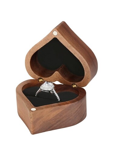 SWIUKPHE Wooden Heart Shape Ring Gift Box, Personalized Vintage Wood Jewelry Box for Proposal Engagement Wedding Ceremony Anniversary (Black-1 Slot)