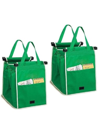 Excefore Trolley Bags, 2 Pack Reusable Grocery Shopping Cart Bags, Foldable Grocery Shopping Tote Bags with Handles, Easy to Clean, Clip on Shopping Cart (Green)