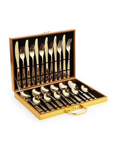 24-Piece Stainless Steel Cutlery Set Kitchen Utensil Set With Textured Surface Western Cutlery Suitable For Home Kitchen Restaurant Hotel Party Dining Picnic Dining Exquisite Packaging For Gift Gold 225mm