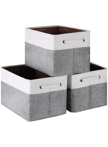 MAQIAO Collapsible Storage Bin [3-Pack] Foldable Canvas Fabric Storage Basket Cube Box, Sturdy Organizer with Handles for Home, Office, Nursery, Closet Shelves (White and Grey)