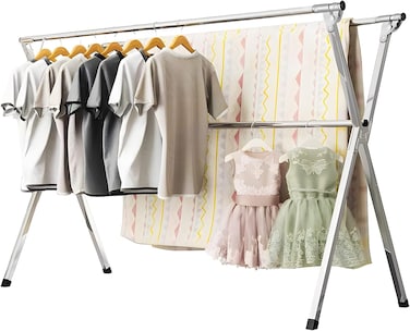 Adjustable Heavy Duty Stainless Steel Free-Standing Foldable Laundry Drying Rack - Space Saving Clothes Drying Stand