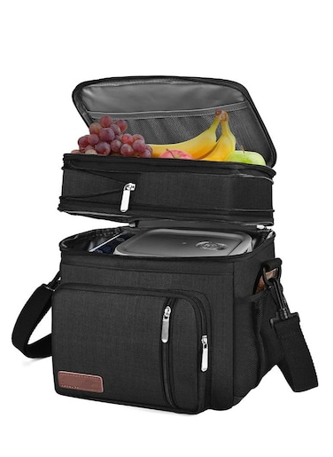 Lunch Bag &amp; Lunch Box for Men Women Double Deck - Leakproof Insulated Soft Large Adult Lunch Cooler Bag for Work (Black,15L)