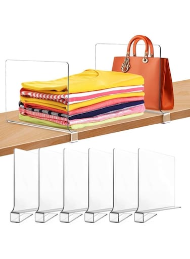 Dividers for Closet Organization, 6-Pack Adjustable Clear Acrylic Shelf Separators for Wood Shelves, Vertical Sweater Handbag Purse Organizer for Bedroom Kitchen Bookshelf Cupbpard