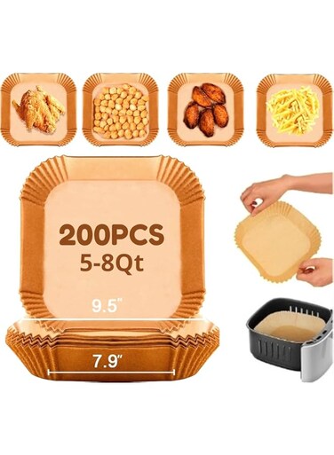Reko 100 pcs Air Fryer Paper Liner Disposable, Parchment Paper, Airfryer Liners Disposable Paper for Baking, Non-Stick Air Fryer Liners Square Brown (200 Pcs - 16 cm)