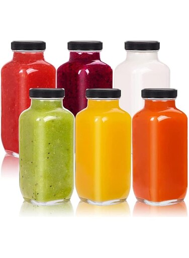 FUFU 6 Pack Glass Juice Bottles with Lids Reusable Glass Square Beverages Drinking Jars with Tamper-proof Black Caps for Travel Milk Water Tea Honey Kombucha Smoothie Boba (500ml)