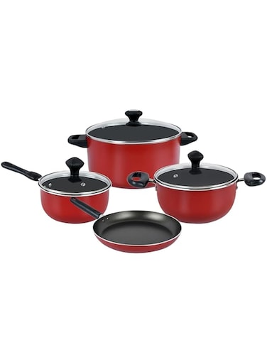 Prestige 7 Piece Non-Stick Aluminium Cookware sets  Non Stick Aluminium   Casserole   Sauce Pan   Fry Pan - Red