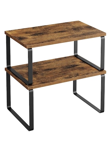 SONGMICS Cabinet Organizer Shelf, Set of 2 Kitchen Counter Shelves, Kitchen Storage, Spice Rack, Stackable, Expandable, Metal and Engineered Wood, Black and Rustic Brown UKCS020X01