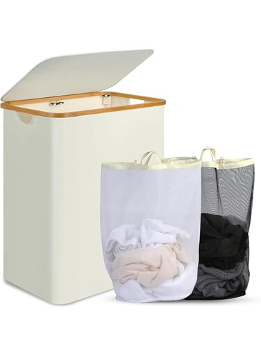 ANTOLE Double Laundry Hamper with Lid,140L Collapsible Laundry Hamper and 2 section Removable Mesh Wash Bags Bamboo Handle,Divided Clothes Hamper for Laundry Basket Organizer for Bedroom (Beige)