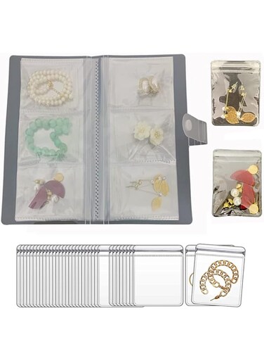 ND Jewelry Storage Book, Jewelry Earring Organizer Storage Book Bag with Pockets and Anti Oxidation Zipper Bag for Rings Necklace Bracelets and Earrings (84 Grids +50pcs Jewelry Storage Bag)