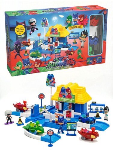 PJ Masks Parking Lot Playset - 2-Level Garage Toy With Race Track Ramps &amp; Gas Station, Includes Catboy, Owlette &amp; Gekko Vehicles + Villain Figures, Educational City Traffic Car Park Gift For Boys