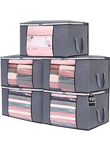 5 large storage bags, clothes storage box, foldable closet organizer storage container with durable handle, thick fabric, suitable for blankets quilts clothes bedding 90L.
