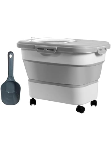 TOMVAES Pet Food Container, Collapsible &amp; Moisture-Proof Dog Food Storage Container with Rolling Wheels, Scoop and Airtight Lid, Large Pet Food Storage for Dog, Cat, 42 * 28.5 * 32ccm, Grey