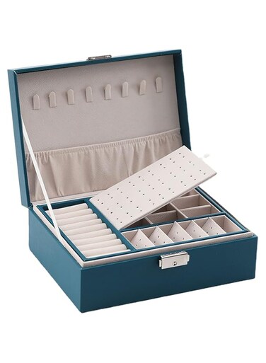 Double-layer Leather Jewelry Box,Ear nail Earring Earrings Collection Box,Multi-function Large Jewelry Box Size 23x17x9cm (green)