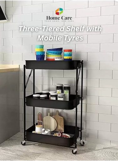 Home Care Tiered Cart Shelf &ndash; Collapsible Rolling Cart for Multi-Use Organization, Portable Design, Mobile Storage Rack for Kitchen, Bath, Mesh Tray Rack with Wheels   Standing Shelf Units