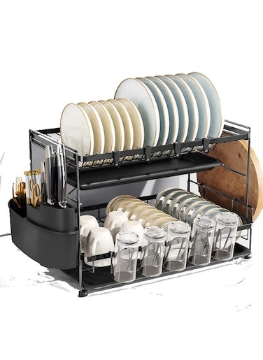 Dish Drying Stand With Drainer 2 Tiers Large Kitchen Dish Rack with Removable Cutting Board Holder Utensil Holder and Cup Holder Baking Paint Process Coatings Dish Drainer (Black)
