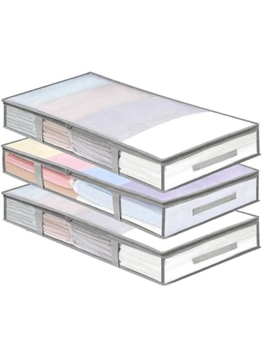 ECVV&reg; 3-Pack Under Bed Storage Containers, 81L x 45W x 15H cm, Collapsible Fabric Boxes with Windows &amp; Handles, Gray, Non-Woven Space-Saving Storage for Clothing, Blankets &amp; Quilts