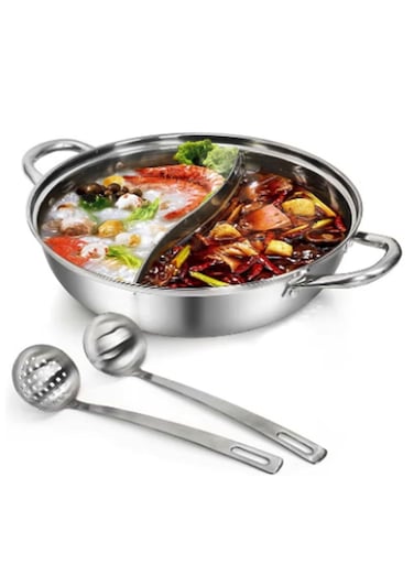 Stainless Steel Hot Pot With Divider 28cm - Dual Sided Two-Flavor Soup Shabu Shabu Induction Cookware Korean Ramen Cooker for Home Restaurant