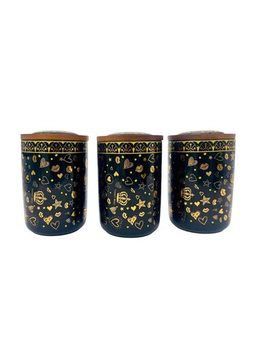 Ceramic Set of 3 Canister 1 Liter * 3 with a Wooden Lid, Black and Golden Design